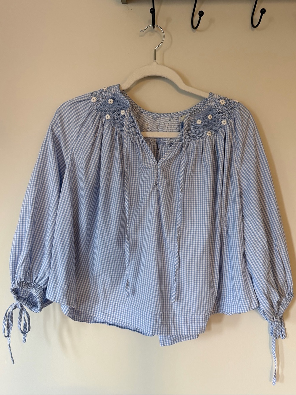 Innika Choo Fara Wedyrims Blue Gingham Hand Smocked Embroidered Blouse Sz 2
